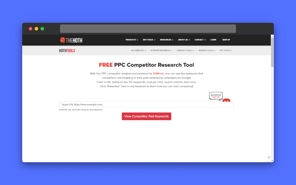 Screenshot of The HOTH Free PPC Competitor Research Tool interface showing a URL input field and a button to view competitor paid keywords, with a description of the tool's functionality.