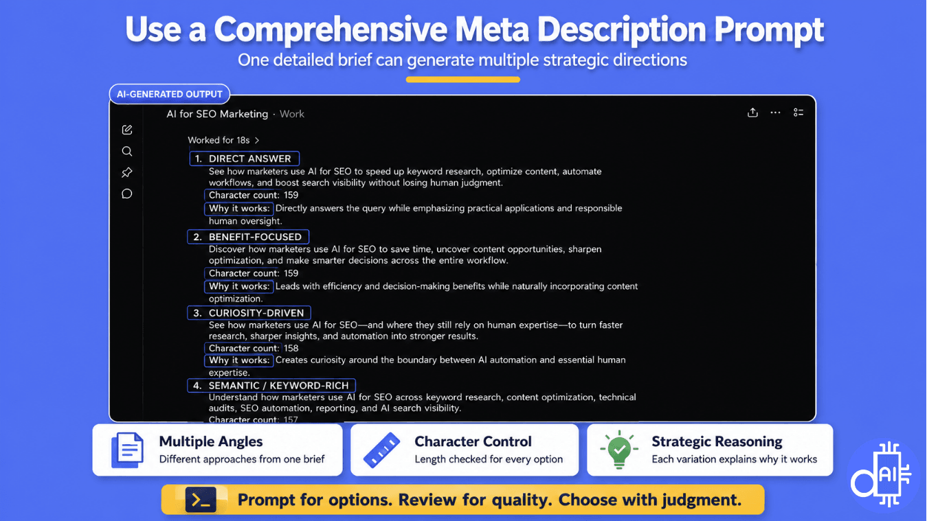 A ChatGPT dark mode interface mockup titled "Use a Comprehensive Meta Description Prompt" displaying AI-generated meta description variations categorized by Direct Answer, Benefit-Focused, Curiosity-Driven, and Keyword-Rich angles.