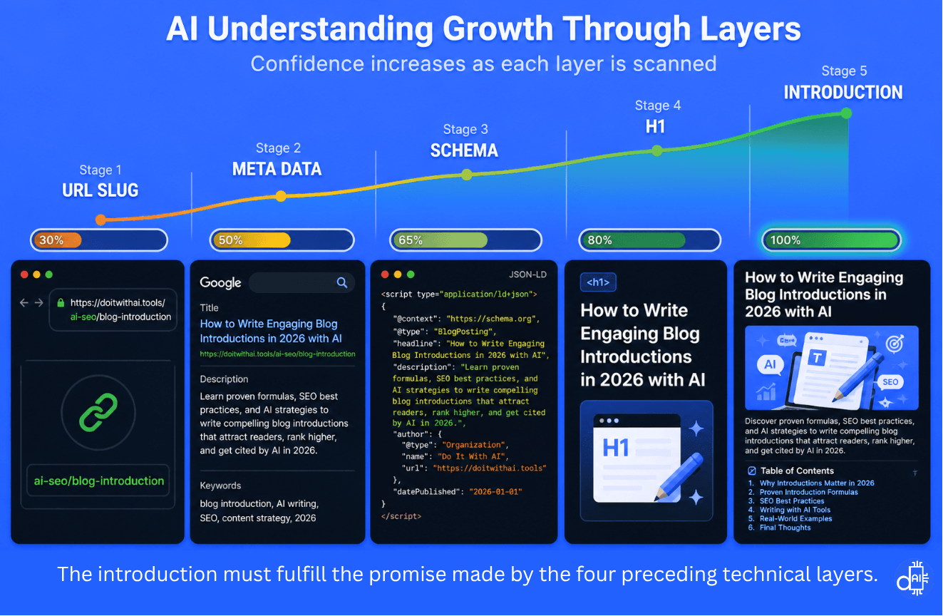 An infographic titled "AI Understanding Growth Through Layers" illustrating how search engine and AI system confidence increases as they scan content. The visual maps a 5-stage discovery sequence from URL Slug to full understanding at the Introduction, highlighting the crucial technical SEO elements for 2026.