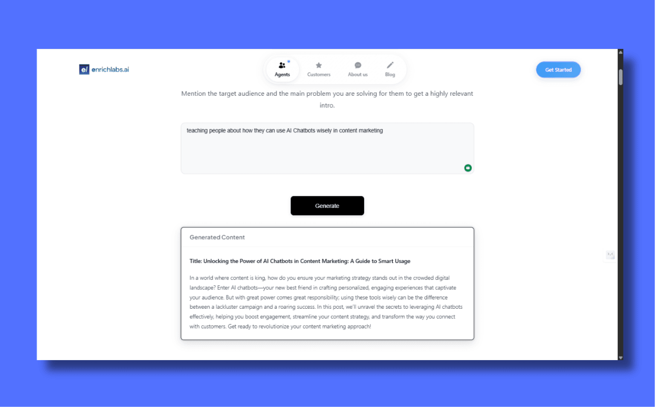 A screenshot of the Enrich Labs AI interface showing the Blog Introduction Generator. The user has provided a prompt about "teaching people how to use AI Chatbots wisely in content marketing," and the AI has generated a compelling introduction titled "Unlocking the Power of AI Chatbots in Content Marketing: A Guide to Smart Usage."
