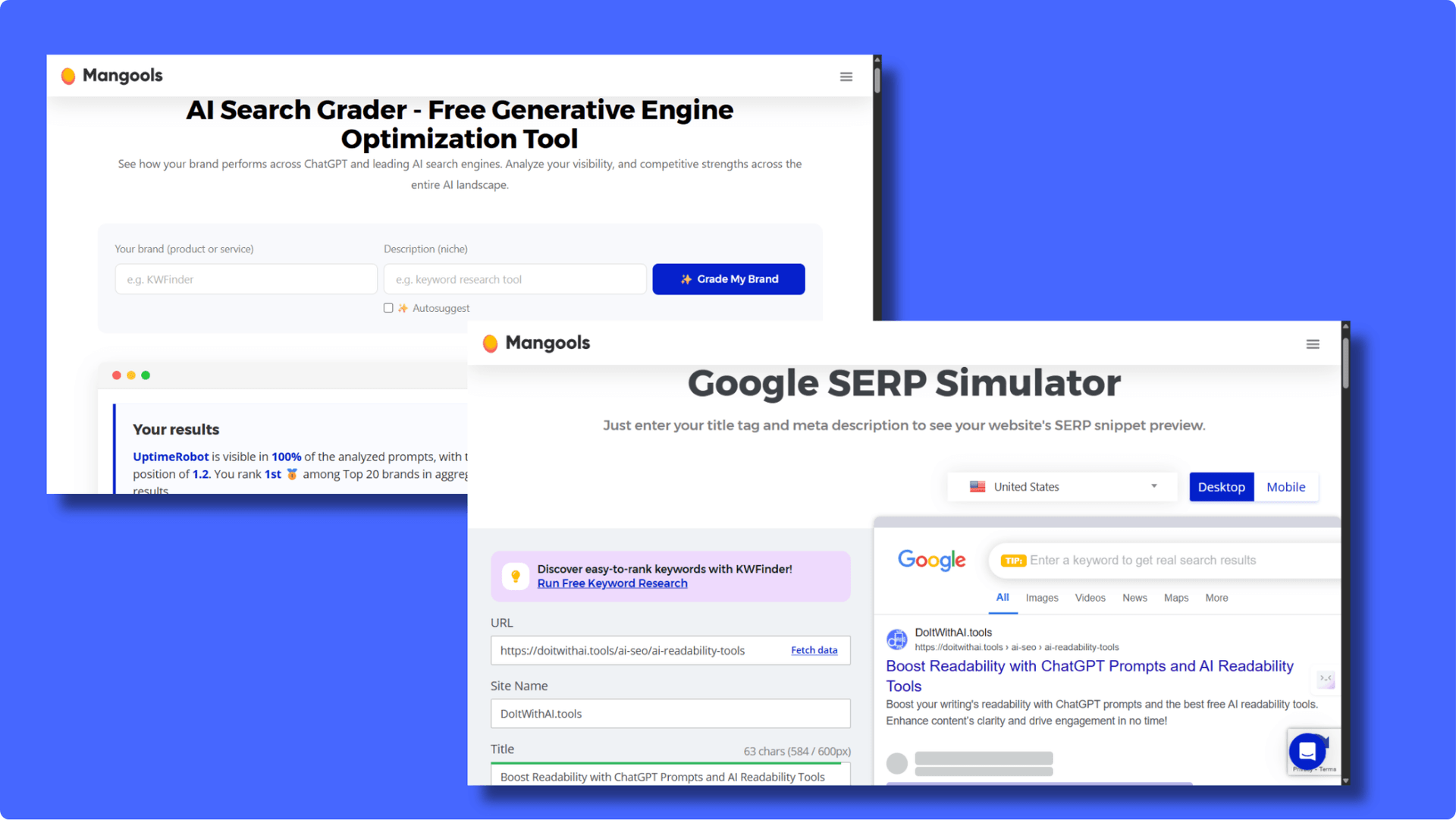 Two overlapping screenshots from Mangools tools: the Google SERP Simulator on the bottom right, checking a meta title's pixel length, and the AI Search Grader on the top left, which analyzes a brand's visibility and performance across leading AI search engines.