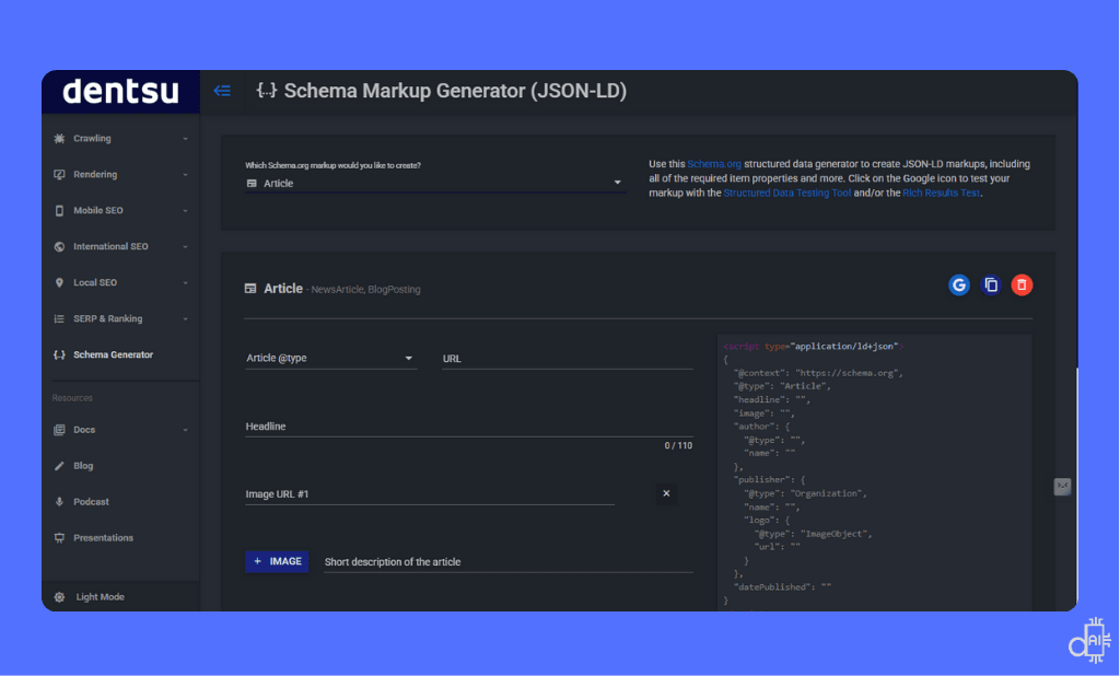 A screenshot of the TechnicalSEO.com Schema Markup Generator on a blue background, displaying a user-friendly interface for building structured data. The visual shows a dropdown menu for selecting various schema types, such as Local Business, Product, and FAQ, alongside input fields that instantly populate a clean JSON-LD code block on the right. It also features direct validation buttons for Google’s official testing tools to ensure the code is error-free before going live.