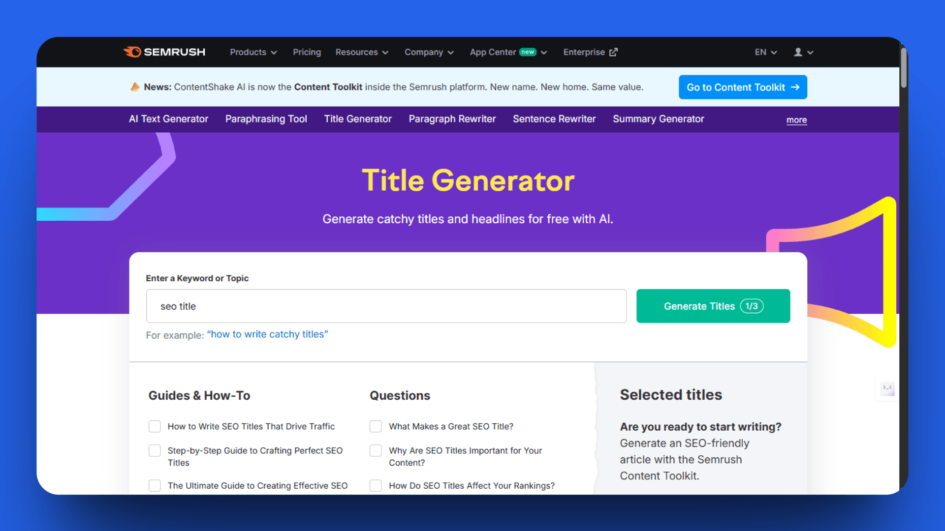 Screenshot of the Semrush Title Generator tool, showing the input field where the example topic 'seo title' is entered, with a call-to-action to generate three title ideas using AI.