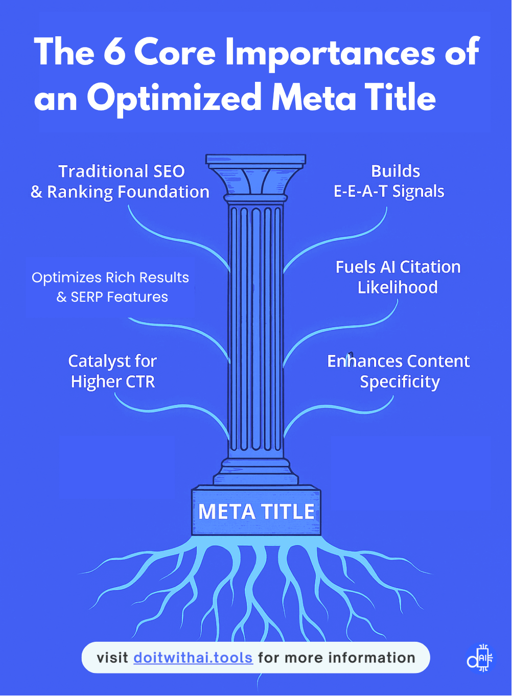 Infographic titled 'The 6 Core Importances of an Optimized Meta Title,' showing a pillar labeled 'Meta Title' supported by six roots and connections: Traditional SEO & Ranking Foundation, Builds E-E-A-T Signals, Optimizes Rich Results & SERP Features, Fuels AI Citation Likelihood, Catalyst for Higher CTR, and Enhances Content Specificity.