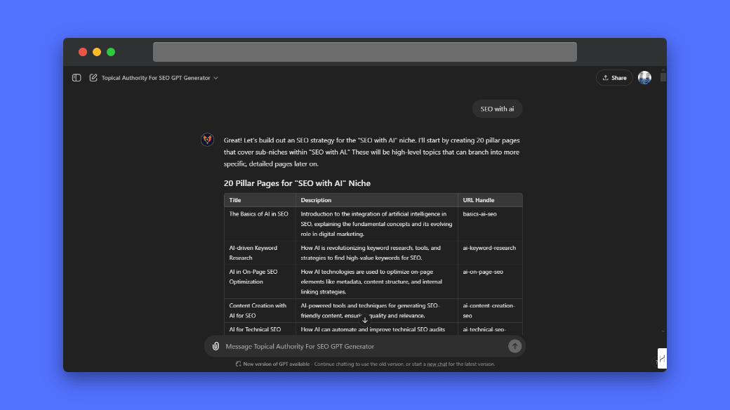 Screenshot of ChatGPT interface showing the Topical Authority for SEO GPT Generator, with a generated list of 20 pillar pages for the "SEO with AI" niche, including titles, descriptions, and URL handles.