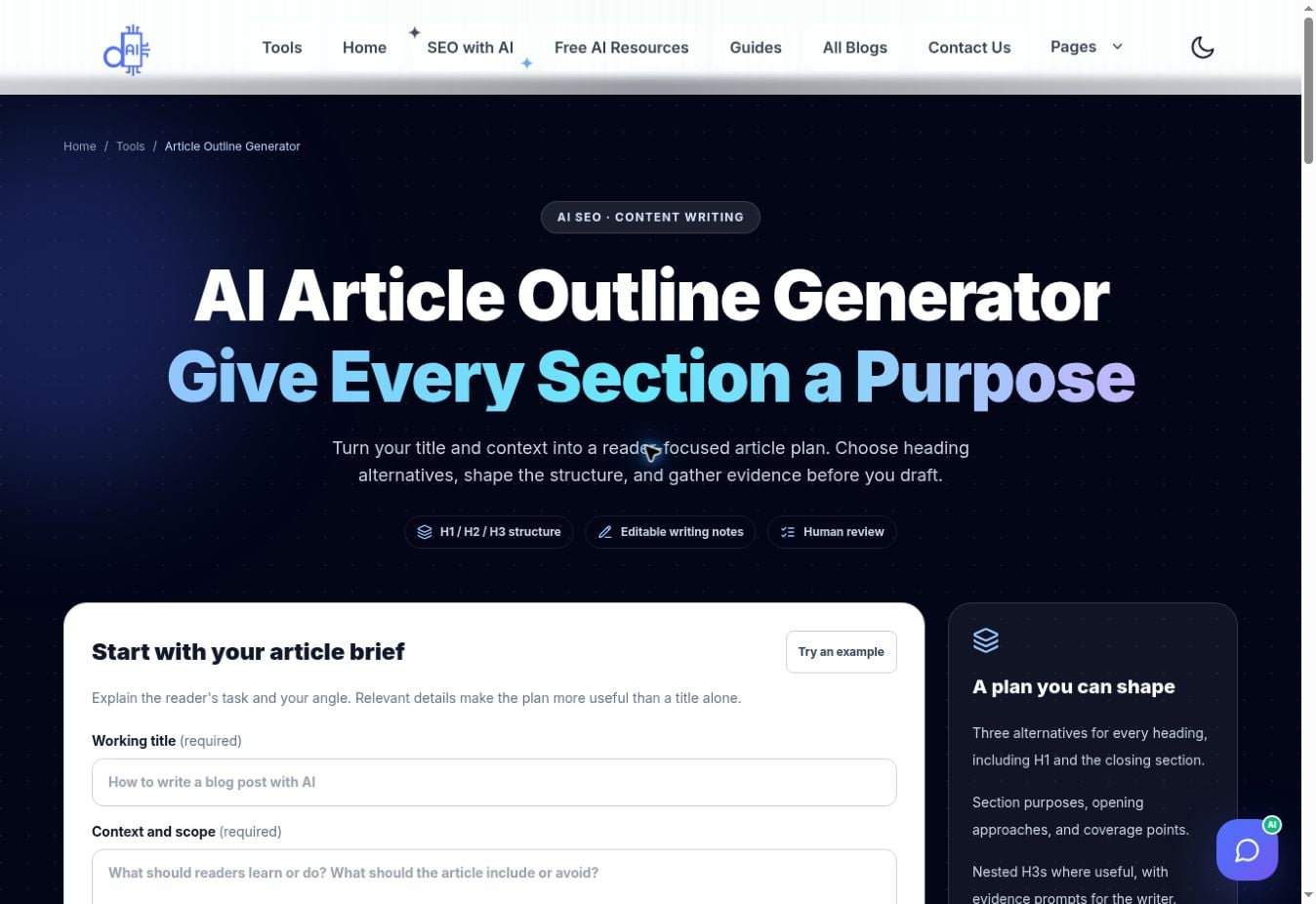 article outline generator interface on Do It With AI Tools