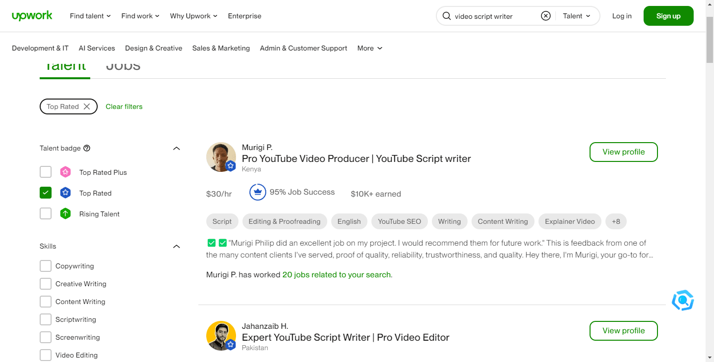 Screenshot of the Upwork talent search results page, displaying profiles of scriptwriters and video producers.