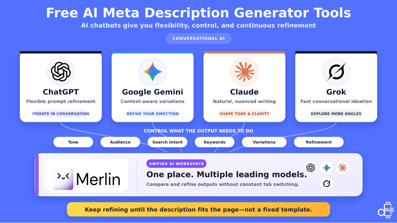 A tool showcase diagram titled "Free AI Meta Description Generator Tools" highlighting conversational AI chatbots—ChatGPT, Google Gemini, Claude, and Grok—alongside Merlin AI for unified model access.