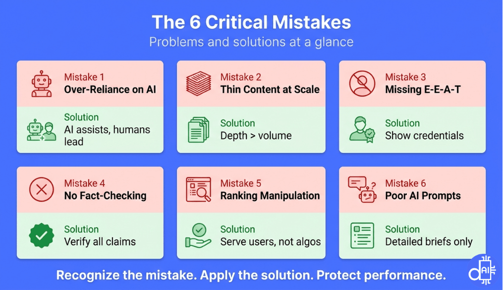 A strategic infographic titled "The 6 Critical Mistakes" that outlines common AI SEO errors and their corresponding solutions. The graphic features six tiles: Over-Reliance on AI (Solution: Humans lead), Thin Content at Scale (Solution: Depth over volume), Missing E-E-A-T (Solution: Show credentials), No Fact-Checking (Solution: Verify all claims), Ranking Manipulation (Solution: Serve users), and Poor AI Prompts (Solution: Detailed briefs). The bottom banner encourages readers to recognize mistakes and apply solutions to protect performance.