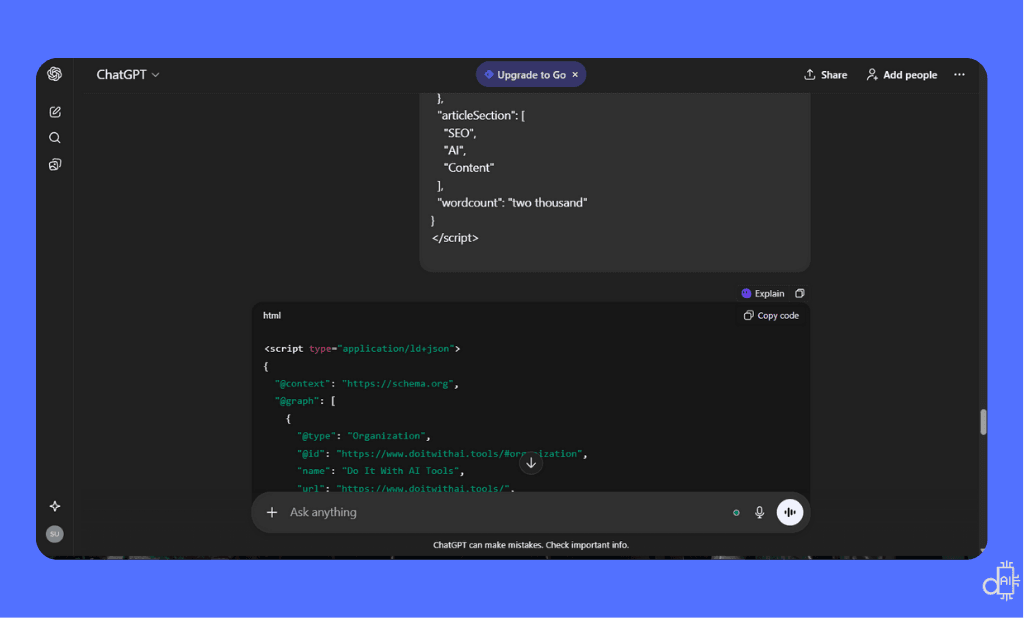 A screenshot of the ChatGPT interface on a blue background displaying a dedicated prompt for auditing and optimizing existing JSON-LD schema markup. The instructions guide the AI to fix syntax errors, add missing required properties, and refine headline fields to be more descriptive and benefit-focused, ensuring the structured data is fully prepared for AI search engine citations.