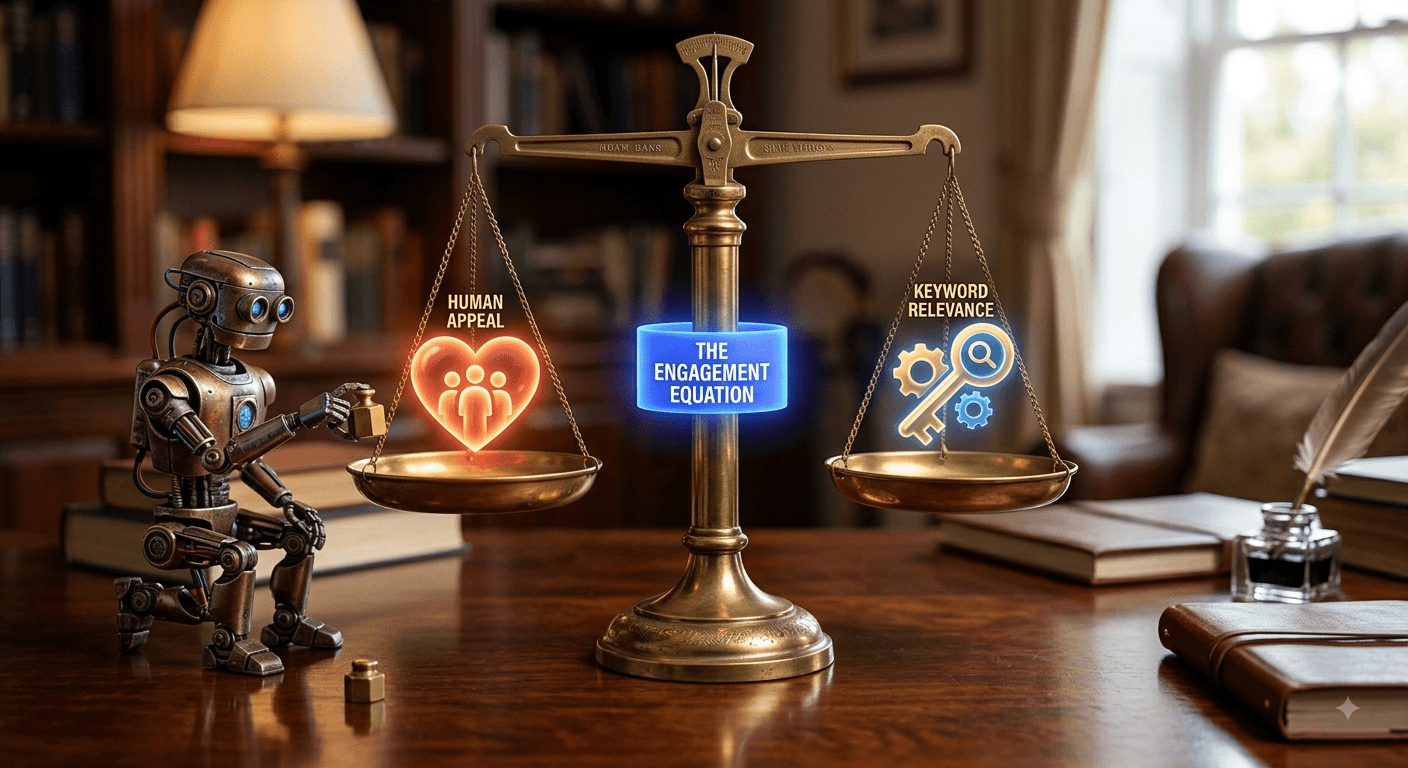 A balanced brass scale illustration titled "The Engagement Equation" weighing glowing icons for Human Appeal and Keyword Relevance, with a small robot placing weights to achieve equilibrium.