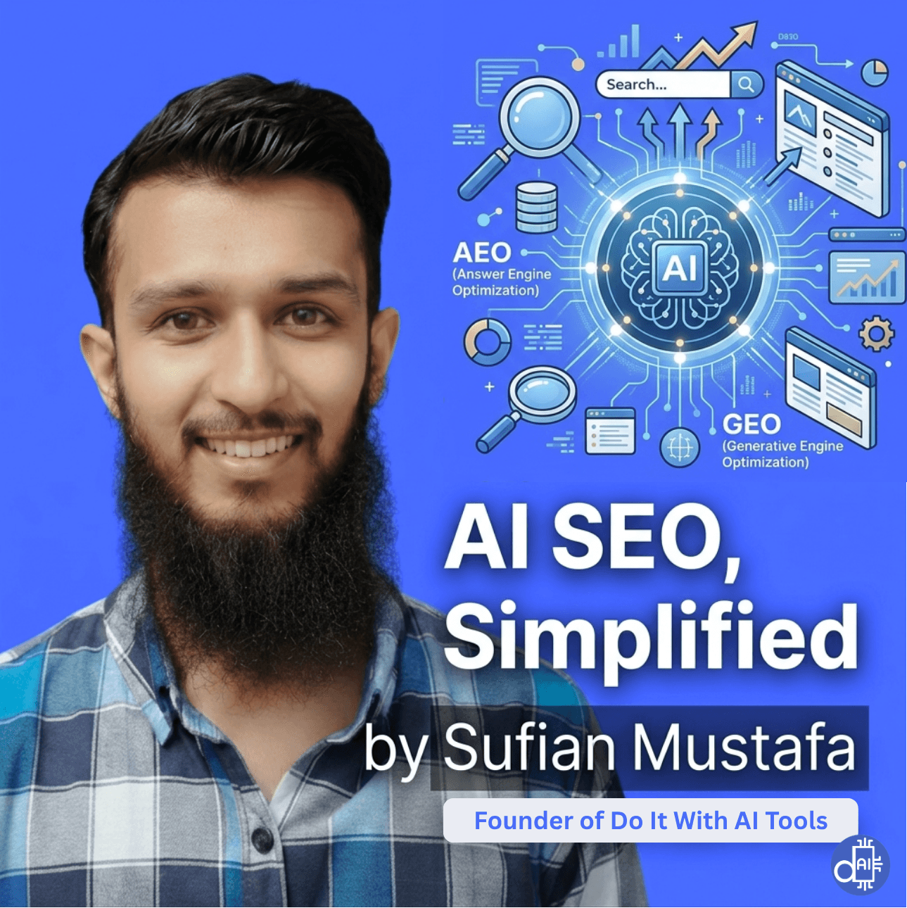 A personal brand header image titled "AI SEO, Simplified by Sufian Mustafa, Founder, Do It With AI Tools." On the left is a professional portrait of Sufian Mustafa. On the right, a technical blueprint-style graphic features a central AI brain node connected to various search symbols, magnifying glasses, and data charts. Two key technical labels are highlighted within the circuit: "AEO (Answer Engine Optimization)" and "GEO (Generative Engine Optimization)." The design uses a clean blue and white aesthetic, positioning the founder as the expert voice connecting these complex AI search concepts.
