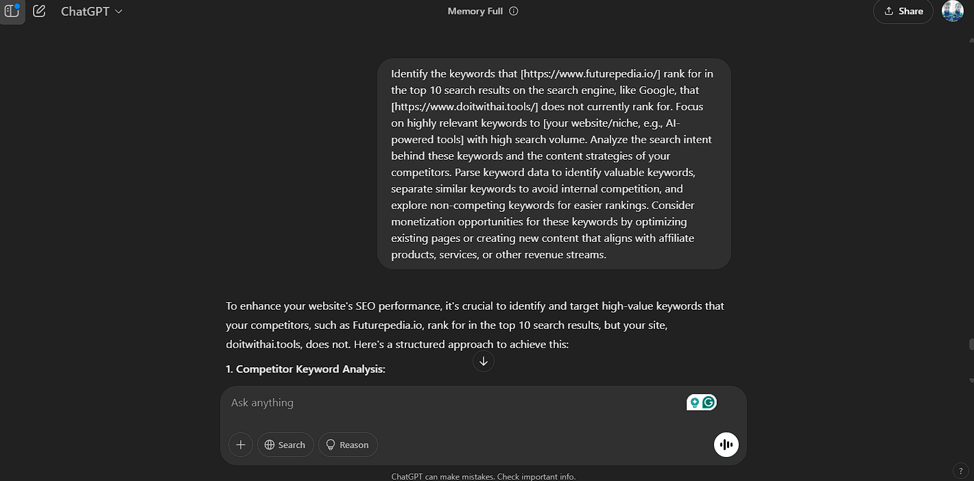 Screenshot of ChatGPT interface showing a prompt for keyword gap analysis, instructing it to identify keywords a competitor ranks for but the user's website does not.