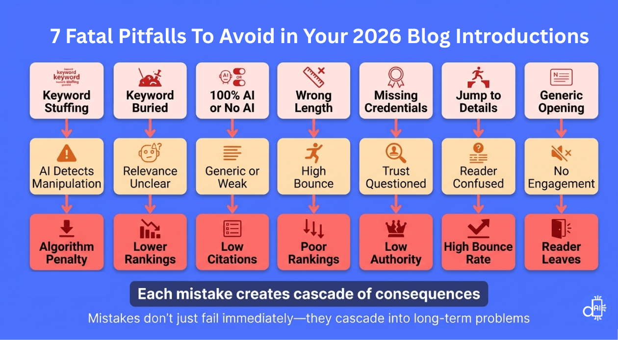 A flow chart titled '7 Fatal Pitfalls To Avoid in Your 2026 Blog Introductions' illustrating common writing mistakes and their negative SEO and engagement consequences. The chart shows causes like 'Keyword Stuffing,' '100% AI or No AI,' and 'Generic Opening' cascading into effects such as 'Algorithm Penalty,' 'Low Authority,' and 'Reader Leaves.'