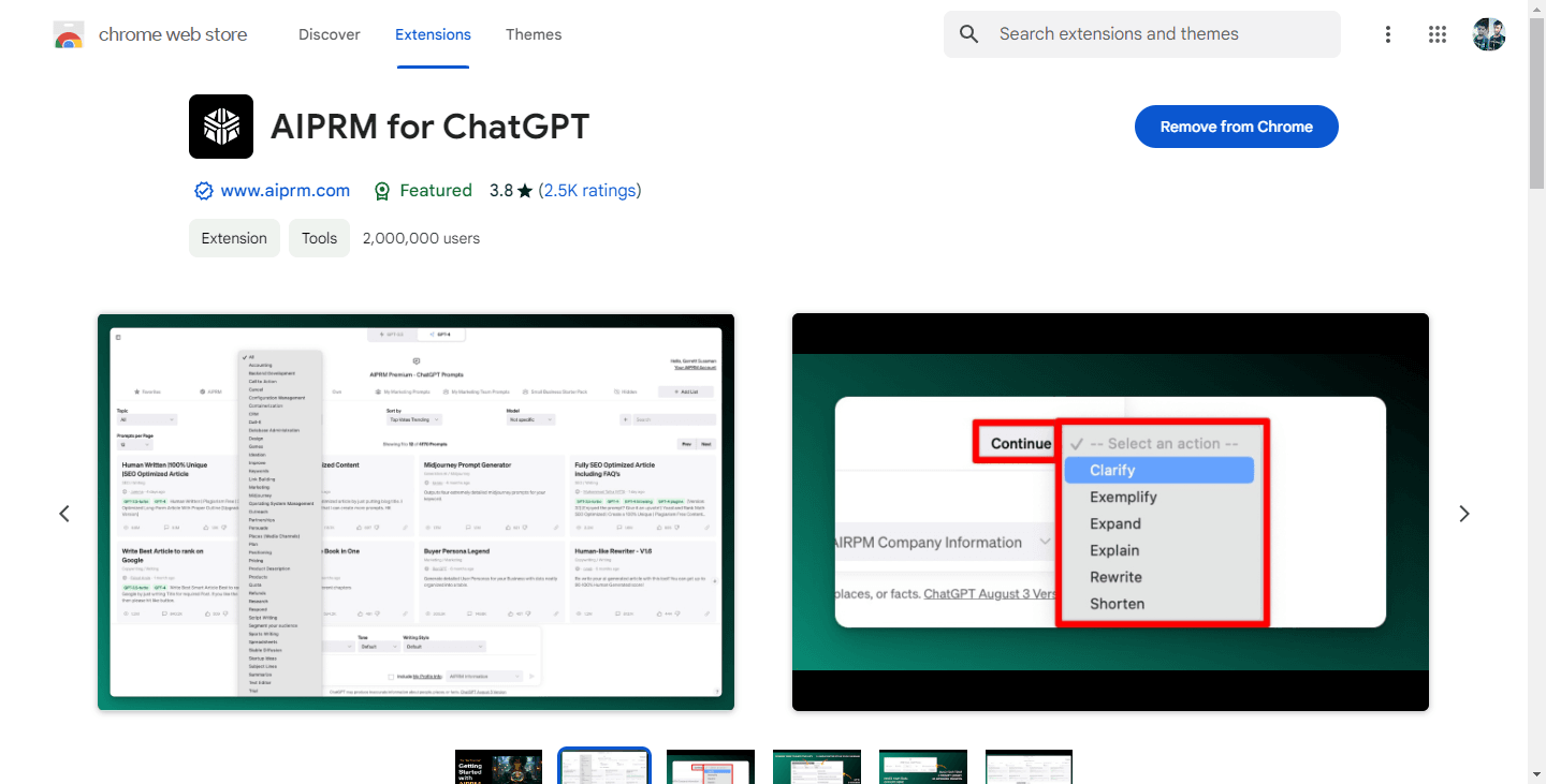 Screenshot of the AIPRM for ChatGPT extension in the Chrome Web Store. Shows install button, user ratings, and a preview of its features, highlighting community-driven prompts for ChatGPT.