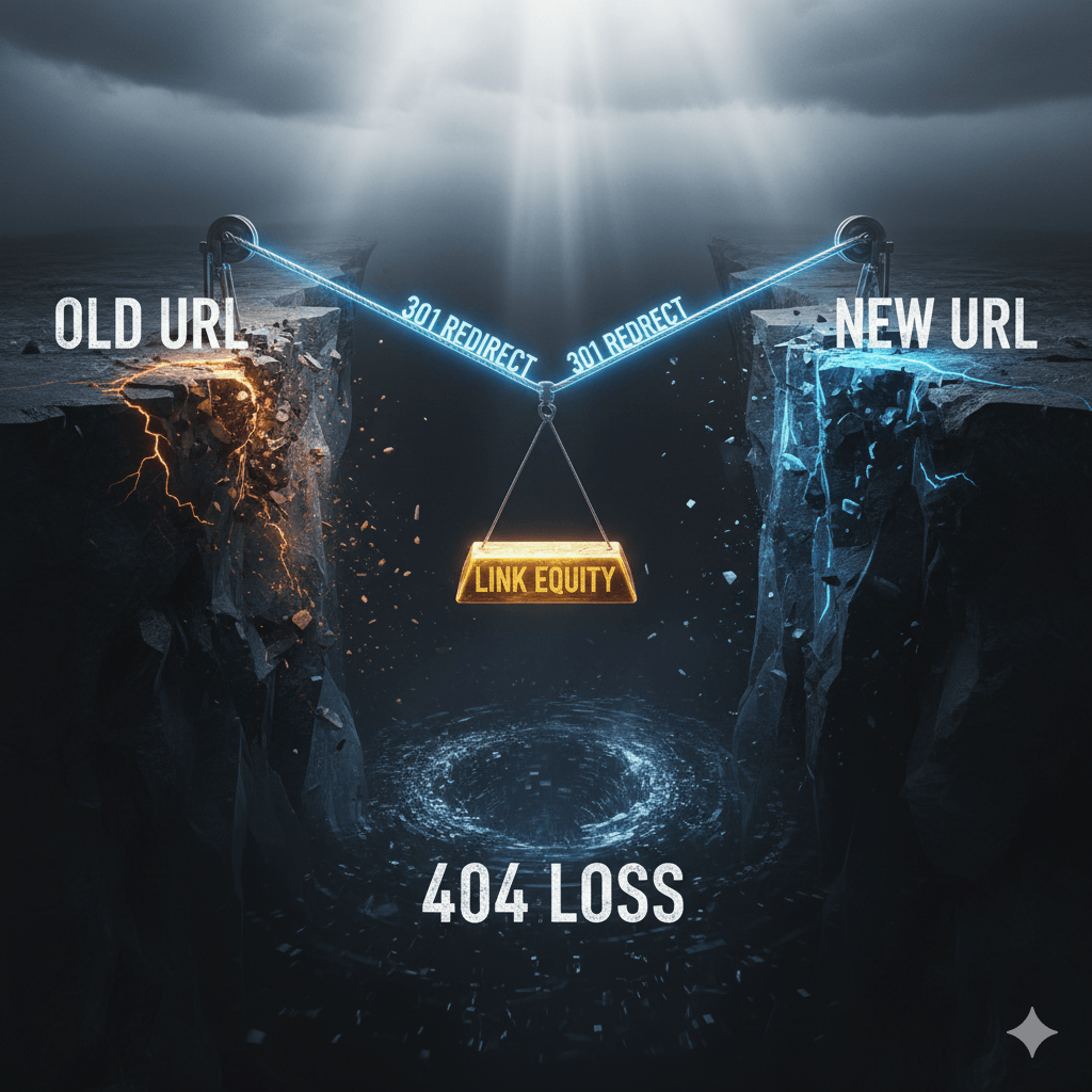 Conceptual image illustrating the importance of 301 redirects when changing a URL slug. A chasm separates a dark, 'OLD URL' side from a bright, 'NEW URL' side. A golden bar representing 'LINK EQUITY' is being safely transported across the gap by two cables labeled '301 REDIRECT.' The dark chasm below is labeled '404 LOSS,' emphasizing the danger of losing valuable link equity if the redirect is not implemented.