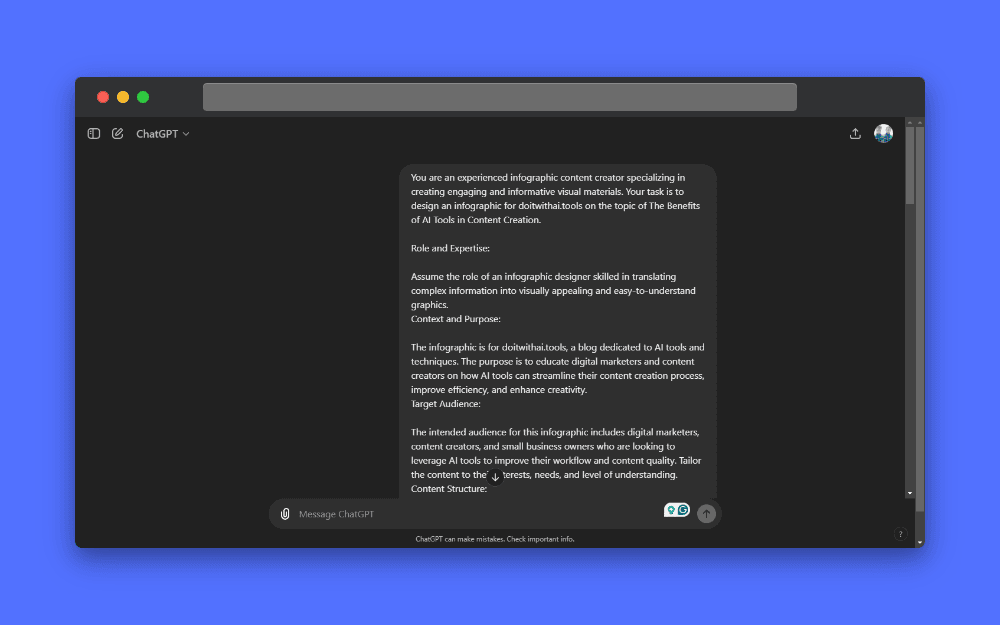 Screenshot of ChatGPT showing a detailed prompt for creating an infographic about the benefits of AI tools in content creation, illustrating a structured approach to guide the AI with key elements like role, context, audience, and content structure.