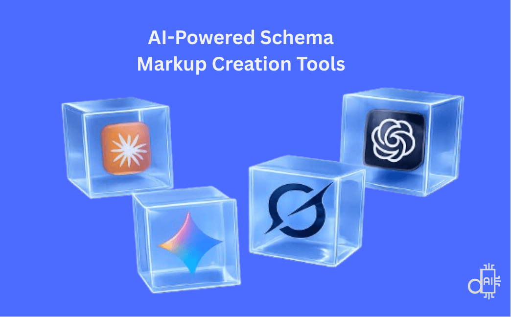 A professional graphic titled AI-Powered Schema Markup Creation Tools on a blue background. The visual features four 3D glass cubes, each containing a logo for a major generative AI platform, including ChatGPT, Claude, Gemini, and Grok. This imagery represents the versatility of using modern LLMs to generate clean, accurate, and rich JSON-LD code for better search engine visibility.