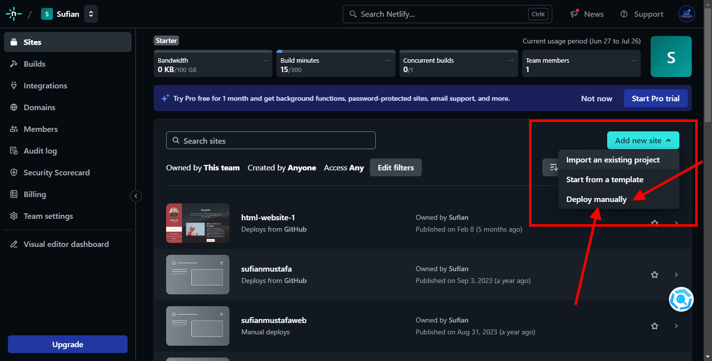 Screenshot of the Netlify dashboard with a red box highlighting the 'Add new site' button and the 'Deploy manually' option, illustrating the manual deployment of a website on Netlify.