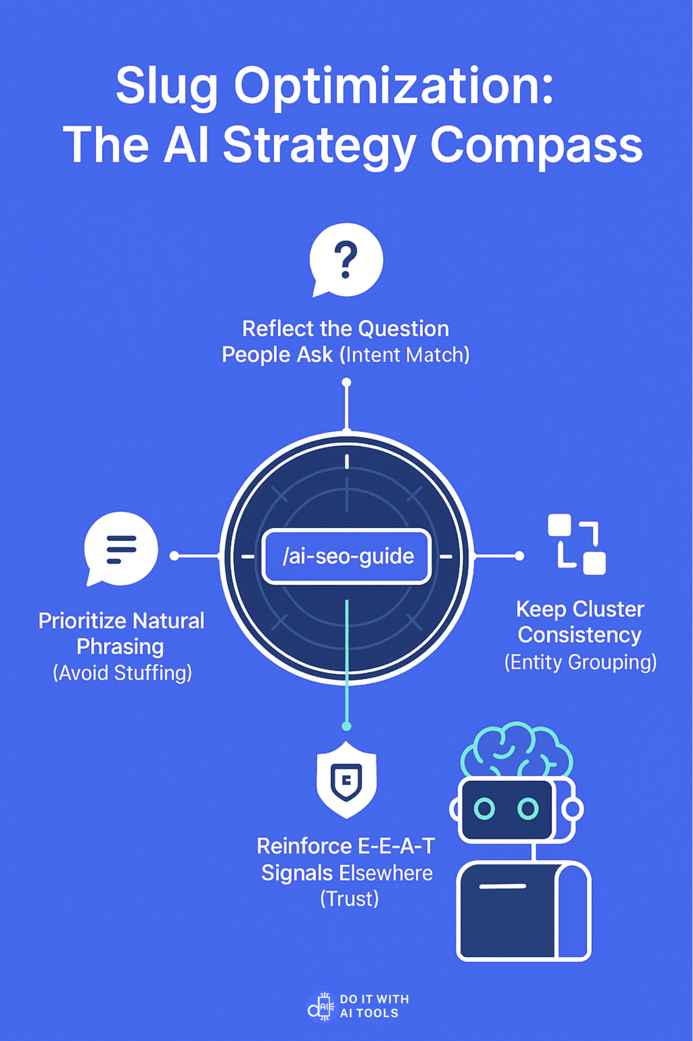 Infographic titled 'Slug Optimization: The AI Strategy Compass.' It shows a circular compass graphic centered around the slug '/ai-seo-guide'. Four key pointers radiate out, representing AI optimization strategy: Reflect the Question People Ask (Intent Match), Keep Cluster Consistency (Entity Grouping), Prioritize Natural Phrasing (Avoid Stuffing), and Reinforce E-E-A-T Signals Elsewhere (Trust). A stylized AI robot icon confirms successful targeting.