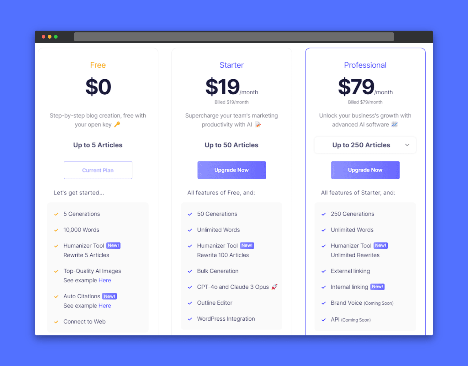 SEO Writing AI pricing plans: Comparison of Free, Starter ($19/month), and Professional ($79/month) plans. Highlights features like step-by-step blog creation, article limits, word limits, AI image generation, rewriting tools, GPT-4 access, outline editor, WordPress integration, and API access. Screenshot shows plan comparison table with features and pricing details.