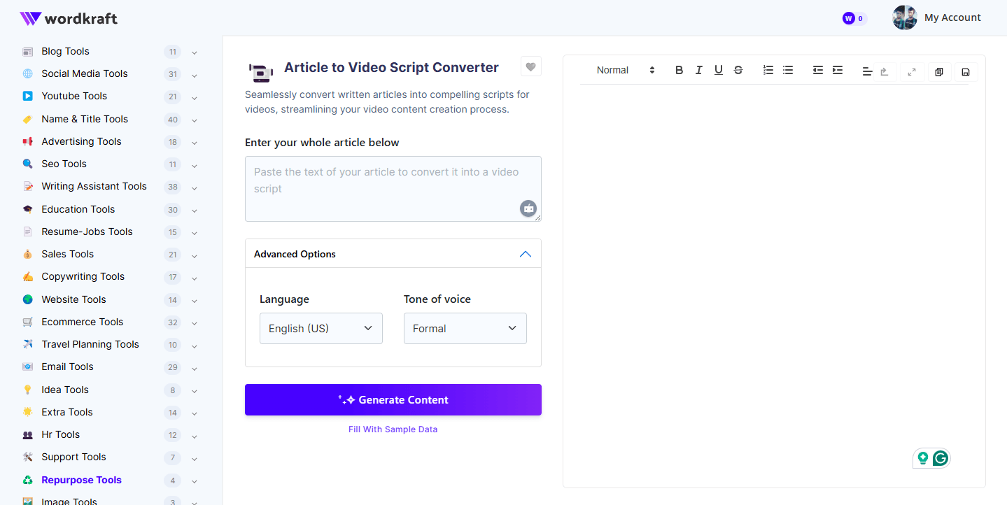 Wordkraft AI interface for the 'Article to Video Script Converter' featuring a text input area, language and tone of voice selection, and a 'Generate Content' button.