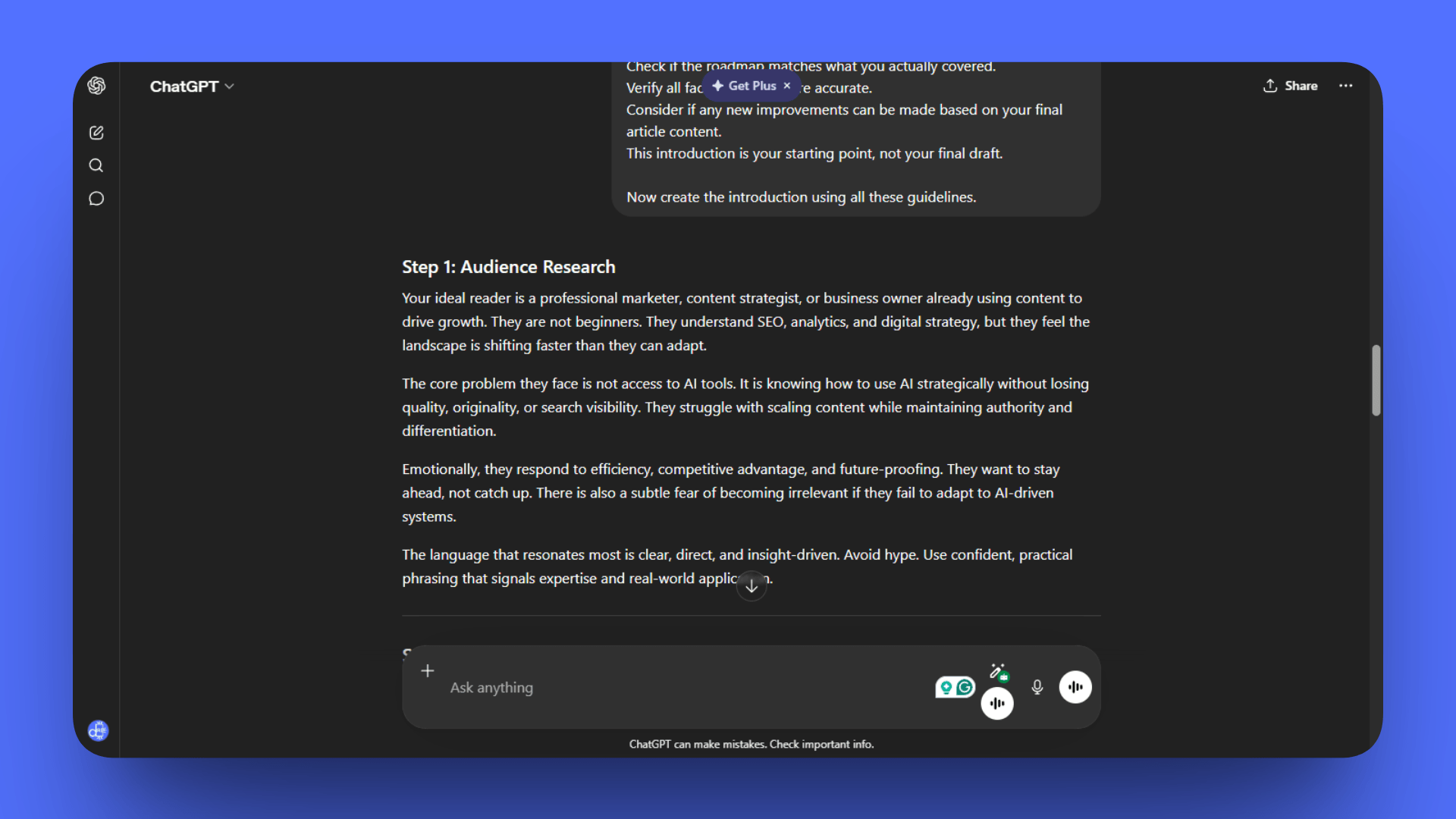 A ChatGPT interface showing "Step 1: Audience Research." The AI analyzes the ideal reader as a professional marketer or business owner, identifying their core problems, emotional drivers like the fear of irrelevance, and the specific language that resonates with them.