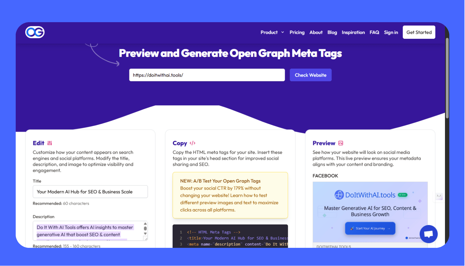 Screenshot of an OpenGraph preview tool showing how a website's meta title and description appear when shared on Facebook, ensuring visual appeal and preventing truncation on social media platforms.