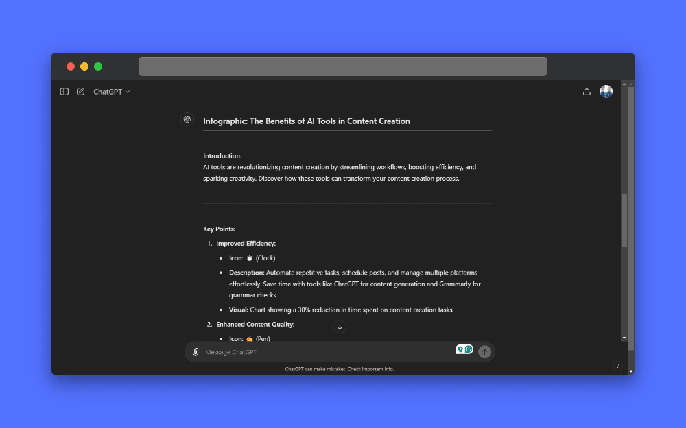 Screenshot of ChatGPT interface displaying an infographic titled "The Benefits of AI Tools in Content Creation." Key points include improved efficiency with task automation and enhanced content quality using AI writing tools. Icons and descriptions are shown.