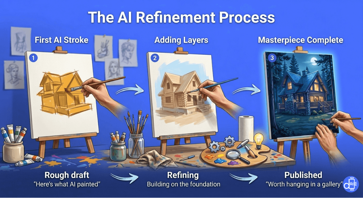 An infographic titled "The AI Refinement Process" showing three stages of content creation on canvases. Stage 1 is the "First AI Stroke" (Rough draft), Stage 2 is "Adding Layers" (Refining), and Stage 3 is the "Masterpiece Complete" (Published), illustrated by a house drawing becoming more detailed and vibrant at each step.