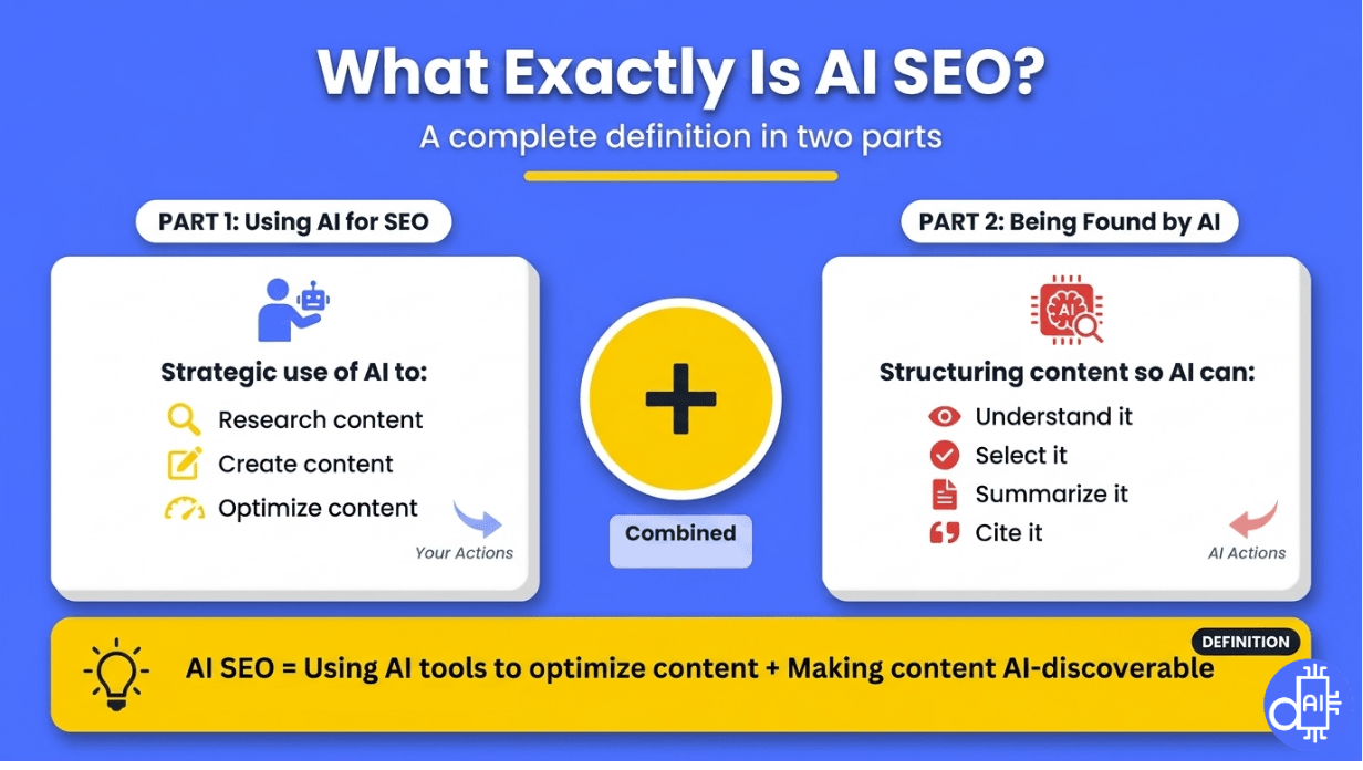 Infographic titled 'What Exactly Is AI SEO? A complete definition in two parts.' The left panel, 'Part 1: Using AI for SEO,' lists the strategic use of AI to research, create, and optimize content as 'Your Actions.' The right panel, 'Part 2: Being Found by AI,' lists structuring content so AI can understand, select, summarize, and cite it as 'AI Actions.' A central 'Combined' button links them, with a bottom definition stating: 'AI SEO = Using AI tools to optimize content + Making content AI-discoverable.'