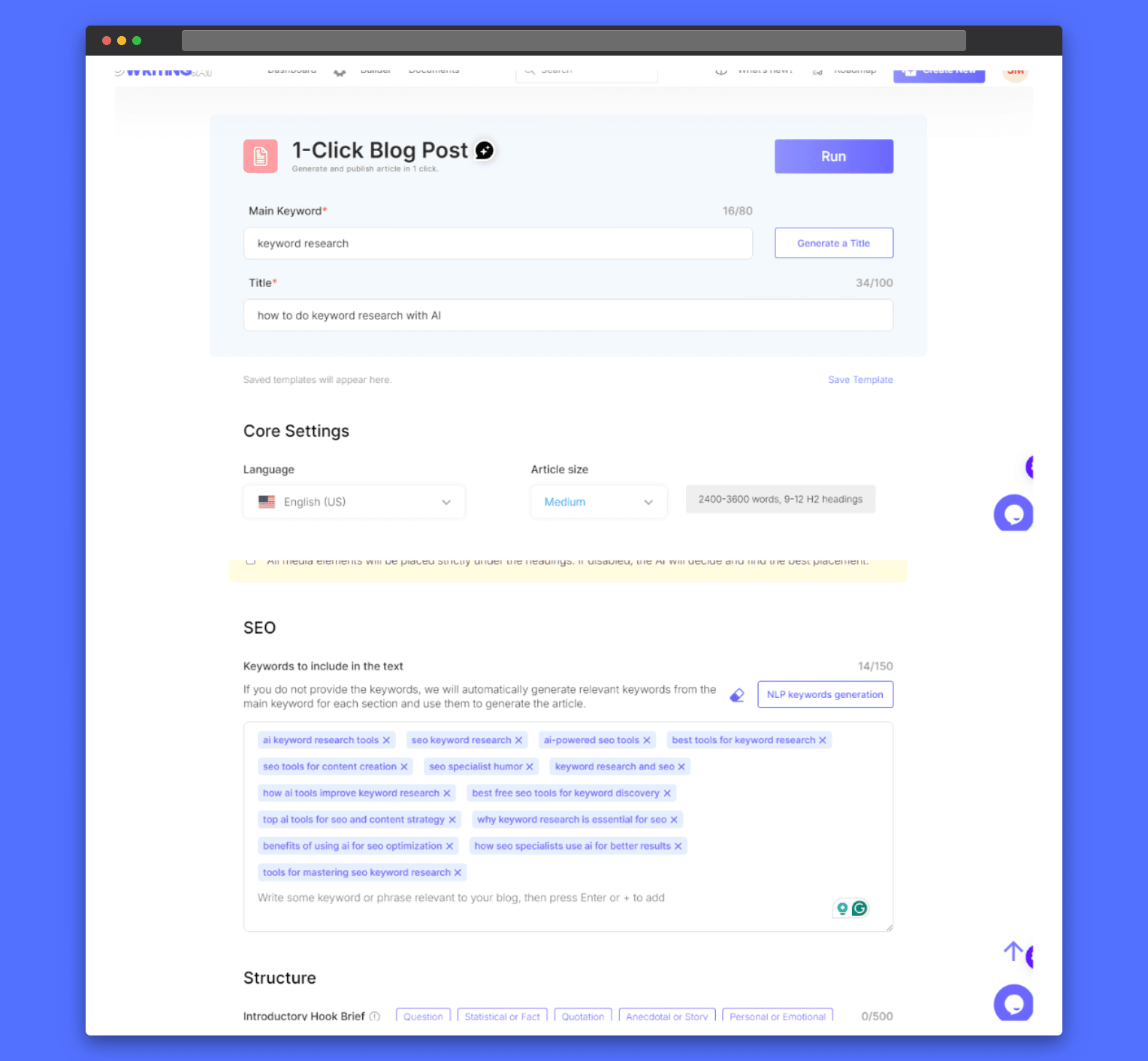 Screenshot of SEO Writing AI's interface, specifically the '1-Click Blog Post' feature, showing input fields for keywords, title, and SEO settings.