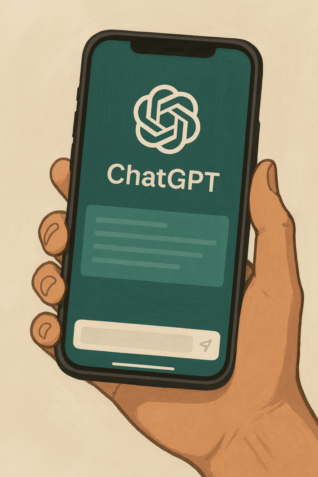 Close-up illustration of a hand holding a smartphone displaying the ChatGPT mobile app interface, symbolizing its dedicated, standalone power, deep reasoning capabilities, and gold standard reliability for complex AI tasks.