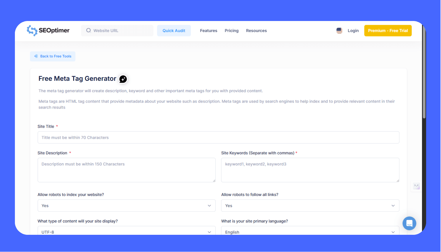 Screenshot of the SEOptimer Free Meta Tag Generator tool, showing input fields for Site Title, Site Description, and Site Keywords, demonstrating its ability to create a full set of metadata for a web page.