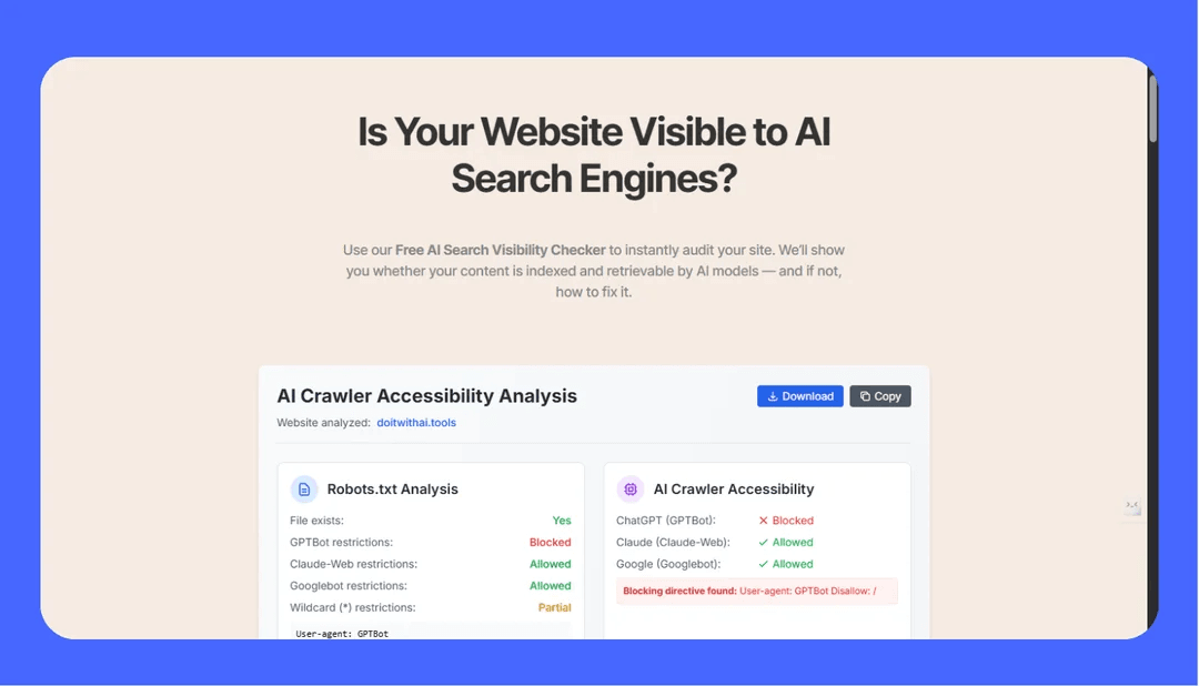 A screenshot of the AdAmigo AI Search Visibility Checker on a light cream background, displaying a technical audit for the website doitwithai.tools. The interface features an AI Crawler Accessibility Analysis with two main panels: a Robots.txt Analysis showing green and red status indicators for various bots, and an AI Crawler Accessibility section specifically highlighting that ChatGPT (GPTBot) is blocked due to a specific directive, while Claude and Google are allowed.
