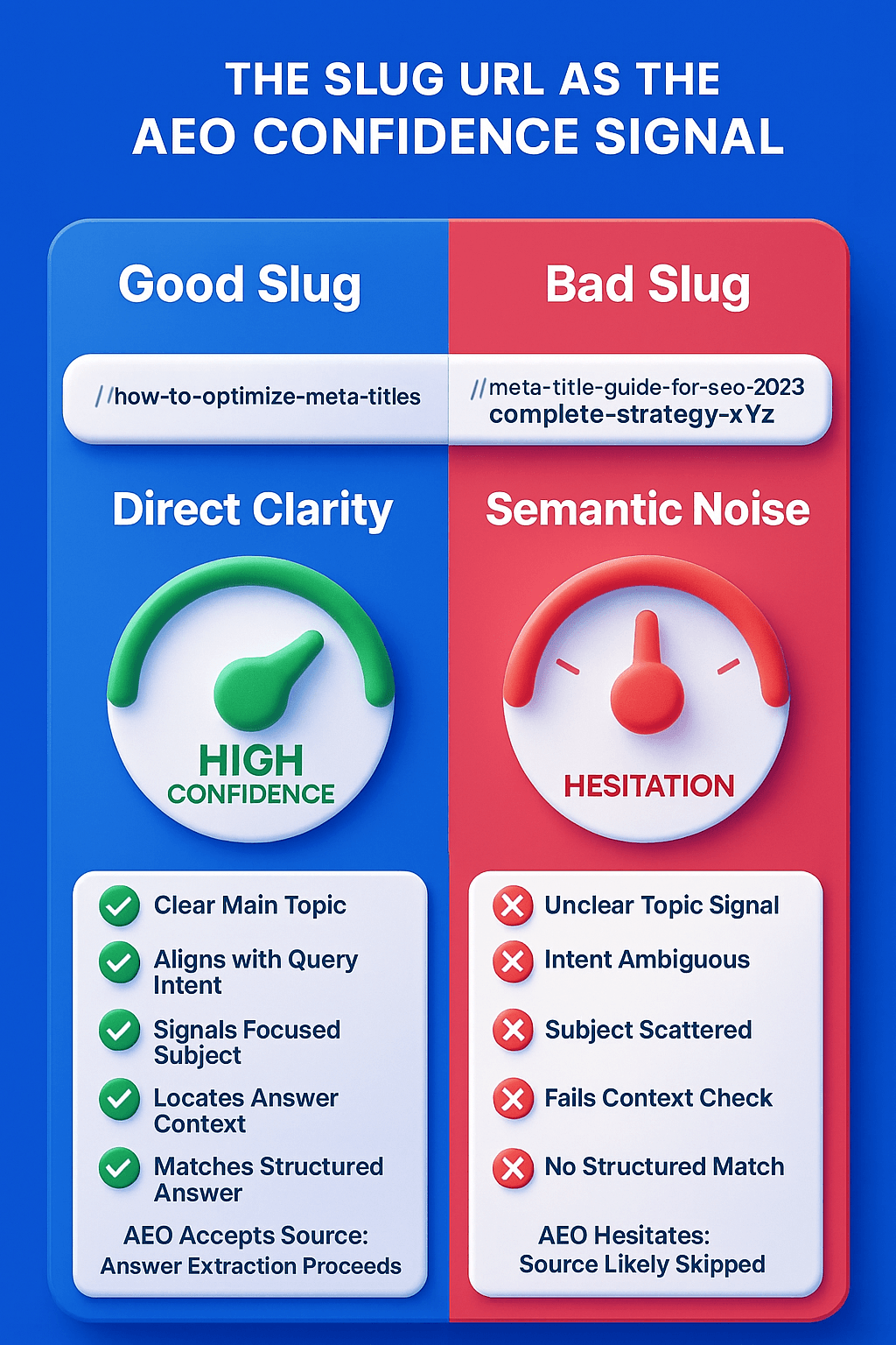 Infographic titled 'The Slug URL as the AEO Confidence Signal,' comparing a 'Good Slug' (how-to-optimize-meta-titles) showing 'High Confidence' and 'Direct Clarity' with a 'Bad Slug' (meta-title-guide-for-seo-2023-complete-strategy-xYz) showing 'Hesitation' and 'Semantic Noise.' The visual details how the good slug aligns with query intent, while the bad slug is unclear, ambiguous, and fails the AEO context check