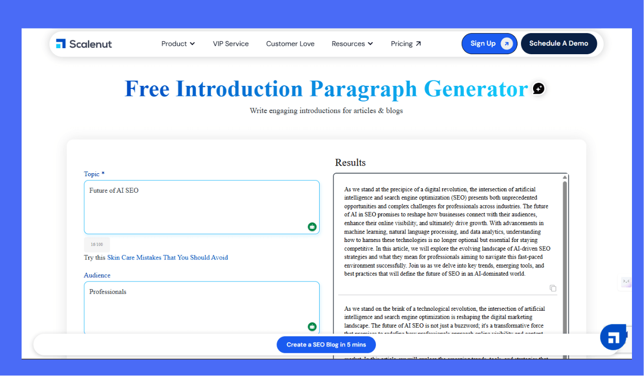 A screenshot of the Scalenut Free Introduction Paragraph Generator tool. The interface shows a "Topic" input field with the text "Future of AI SEO" and an "Audience" field set to "Professionals." The results section displays two high-quality, AI-generated introduction paragraphs focused on the digital revolution and machine learning.
