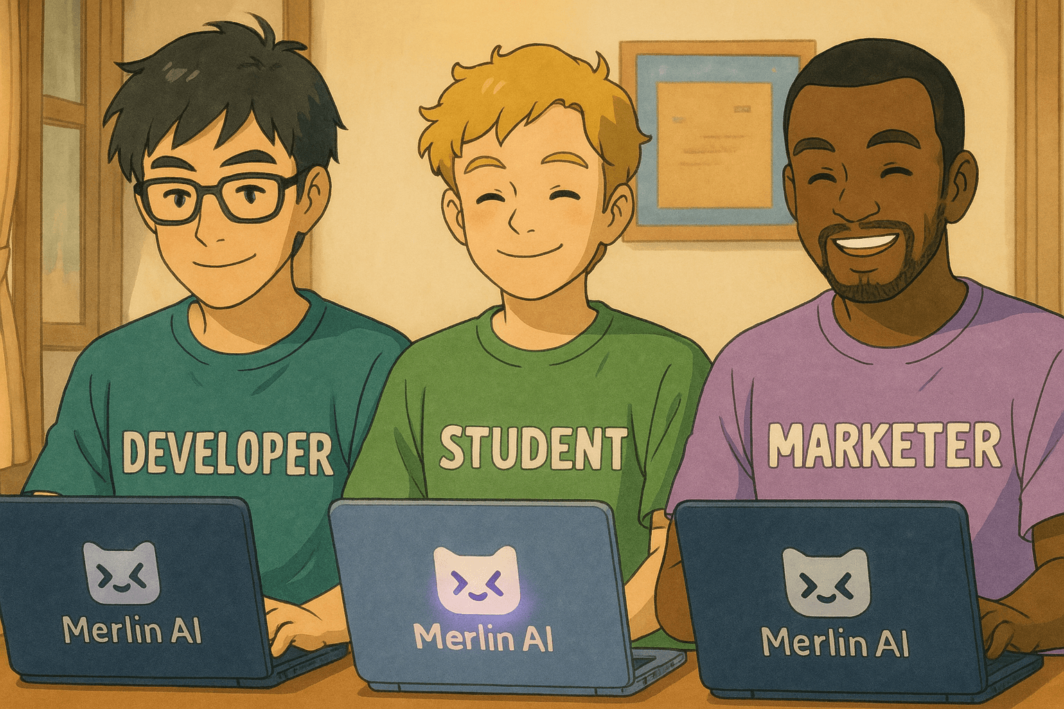 Conceptual illustration in Ghibli Studio-style of a diverse group of professionals (including a content creator, a marketer, and a researcher) happily and collaboratively using Merlin AI on laptops and phones in a bright, cozy workspace, symbolizing ease of use and wide application.