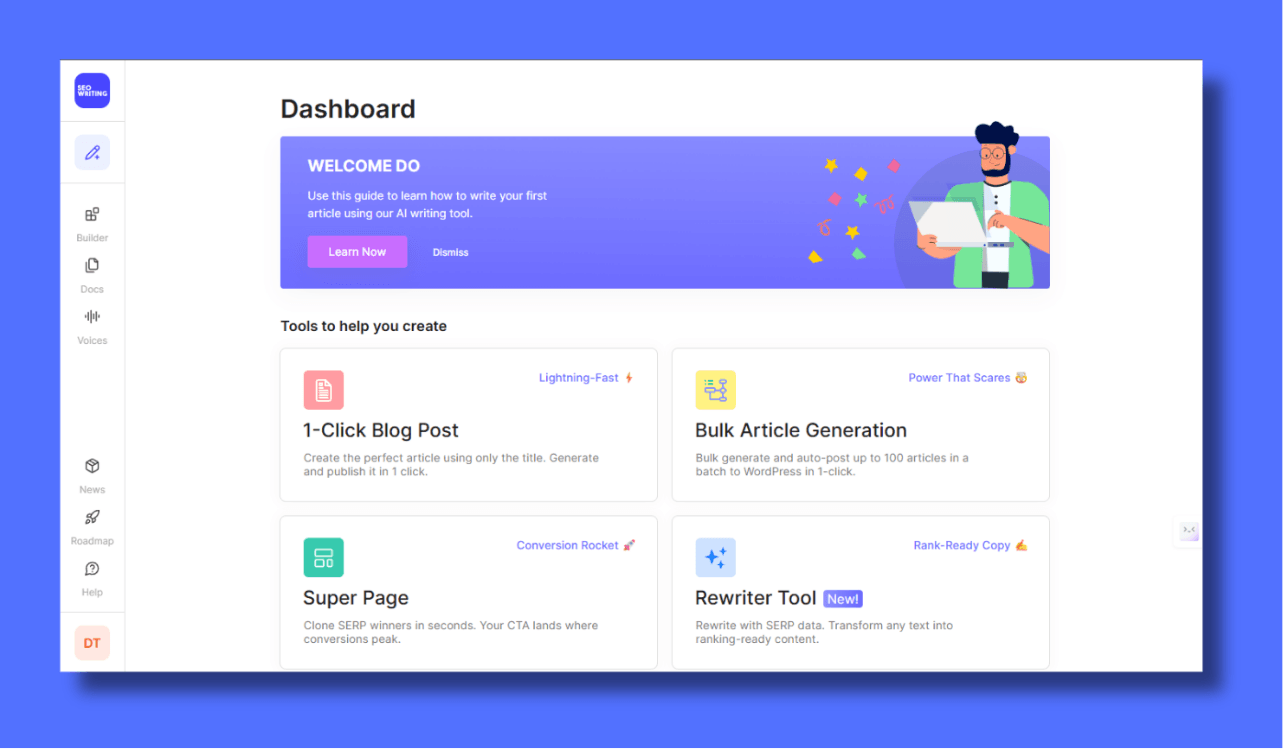 A screenshot of the SEO Writing AI dashboard showing automated content creation features including "1-Click Blog Post," "Bulk Article Generation," "Super Page" for cloning SERP winners, and the "Rewriter Tool." The interface displays a purple welcome banner with a character holding a laptop, illustrating a streamlined AI writing workflow.