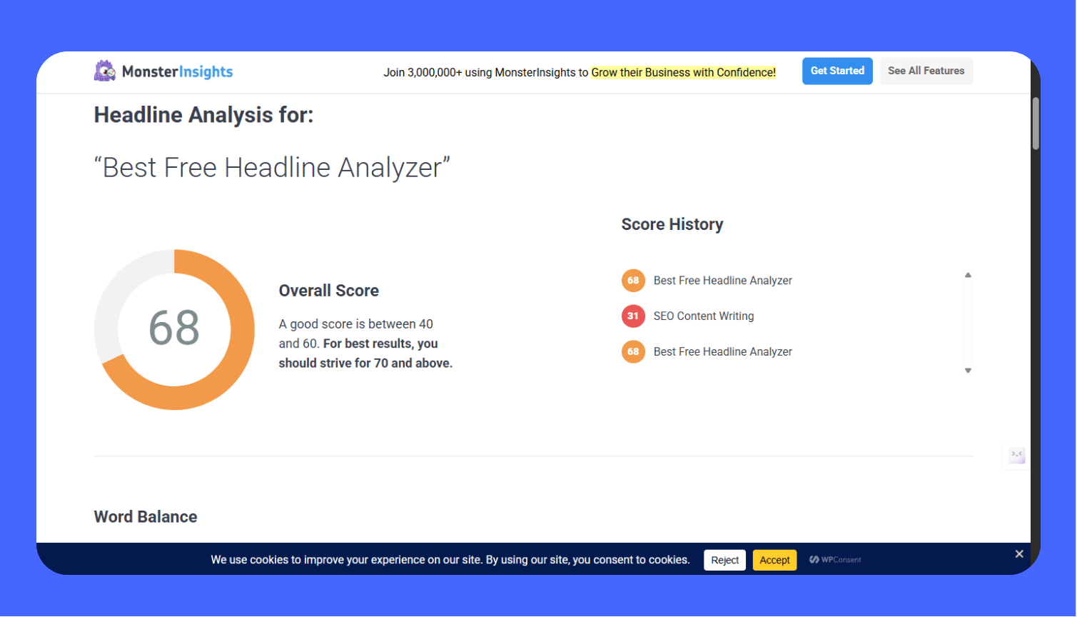 Screenshot of the MonsterInsights Headline Analyzer tool, showing an overall score of 68 for the analyzed title "Best Free Headline Analyzer" and providing scoring guidance for emotional sentiment and word balance.