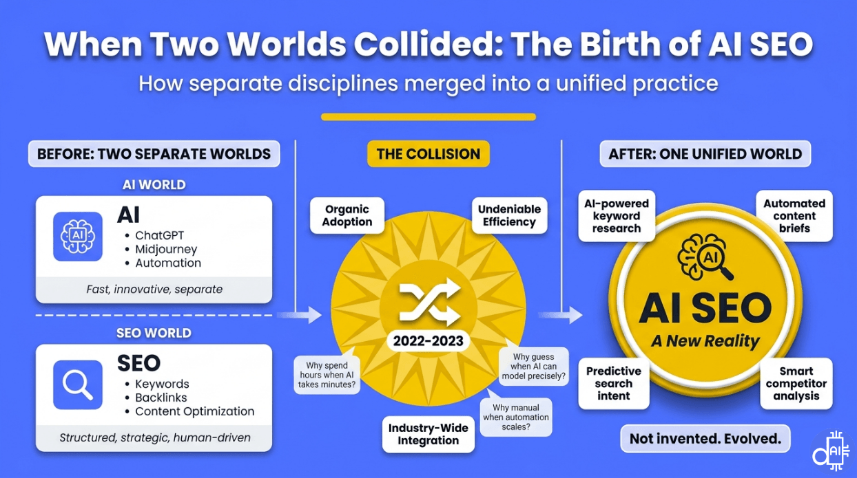 Infographic titled 'When Two Worlds Collided: The Birth of AI SEO,' illustrating the transition from two separate worlds—the 'AI World' (ChatGPT, Midjourney, Automation) and the 'SEO World' (Keywords, Backlinks, Content Optimization)—through a 'Collision' phase (2022-2023) characterized by organic adoption and efficiency, resulting in a new unified 'AI SEO' reality focused on predictive search intent and smart competitor analysis.