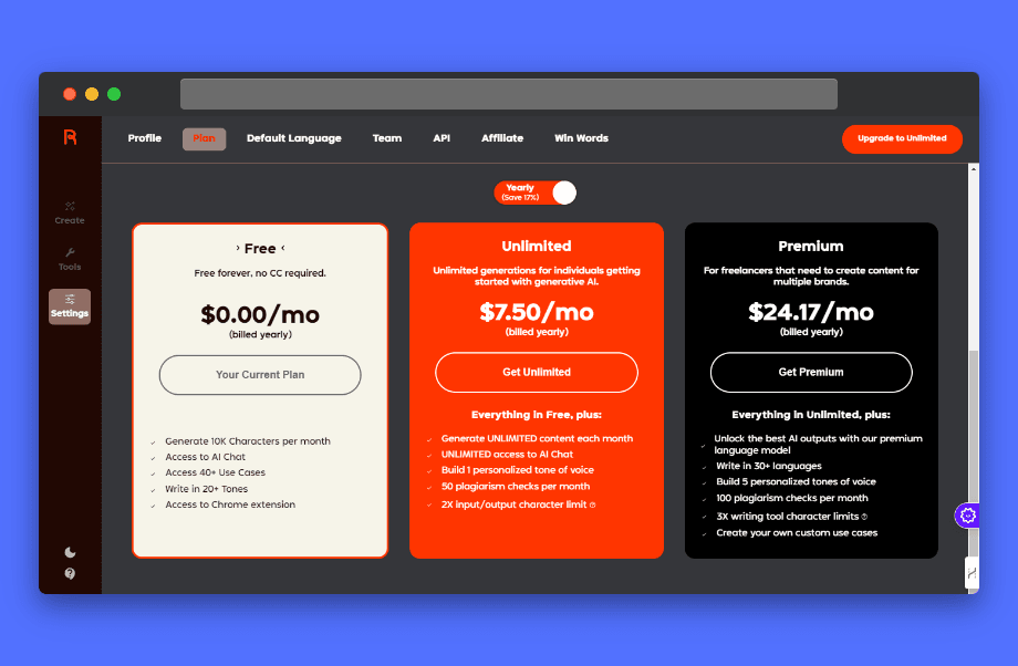 Rytr AI pricing plans: Comparison of Free, Unlimited ($7.50/month billed yearly), and Premium ($24.17/month billed yearly) plans. Highlights features like character limits, access to AI chat, use cases, tones, plagiarism checks, input/output limits, language support, custom tone of voice, and custom use cases. Screenshot shows plan comparison table with features and pricing details.