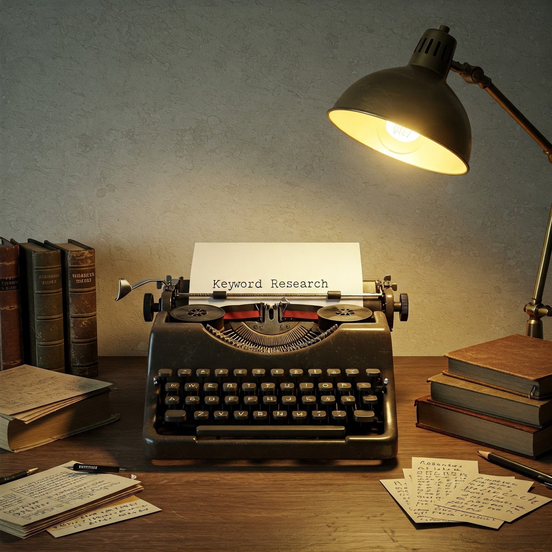 A vintage typewriter with "Keyword Research" typed on paper, surrounded by books, notes, and a lamp, symbolizing traditional approaches to SEO.