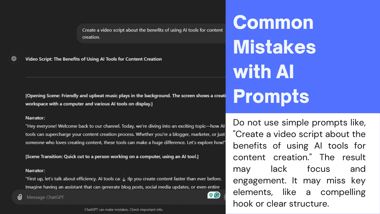 Split-screen graphic showing a poor AI prompt example on one side and an explanation of common mistakes with AI prompts on the other.