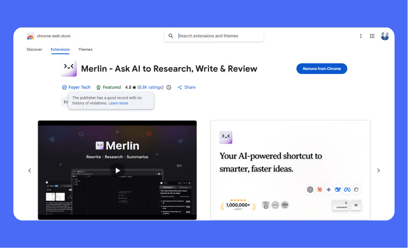 Merlin AI Chrome extension landing page on the Web Store showing its title ("Merlin - Ask AI to Research, Write & Review"), a 4.8-star rating, and the fact that it is trusted by 1,000,000+ users for integrated AI research and writing.