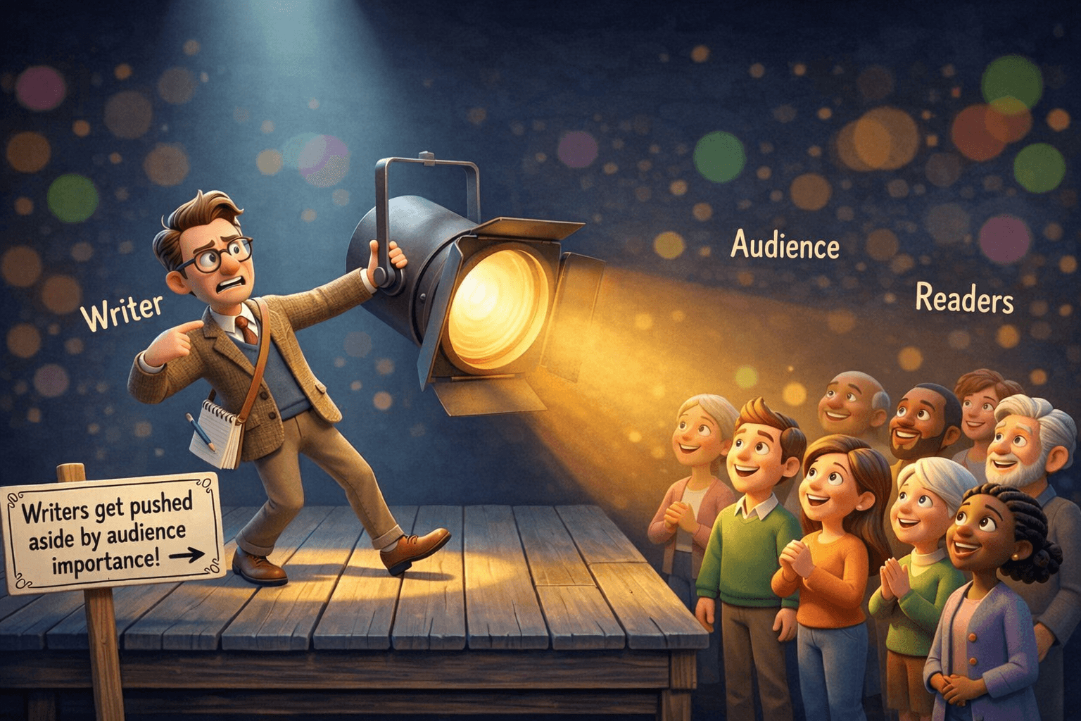 A humorous 3D illustration of a writer on stage holding a massive spotlight. The writer looks surprised as he points the light away from himself and directly onto a smiling group of readers. A sign on the stage reads, "Writers get pushed aside by audience importance!"
