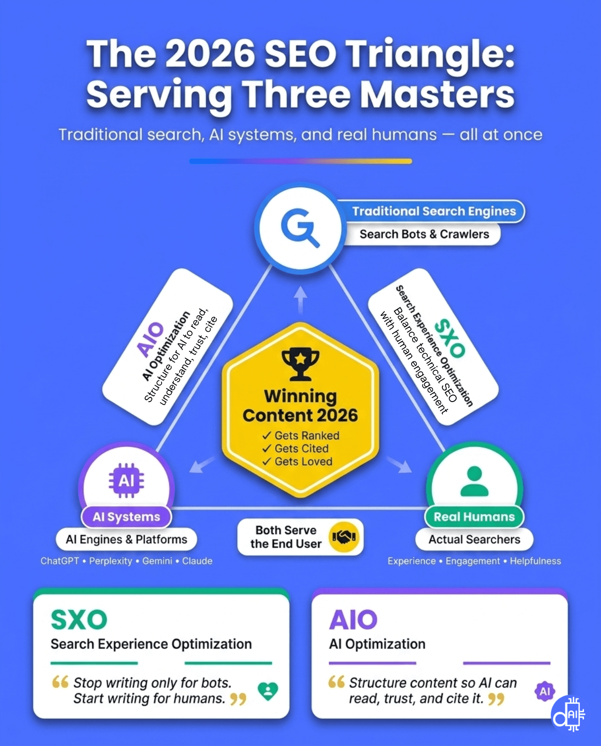 Infographic titled 'The 2026 SEO Triangle: Serving Three Masters.' The triangle connects three core entities: 'Traditional Search Engines' (Search Bots & Crawlers), 'AI Systems' (ChatGPT, Perplexity, Gemini, Claude), and 'Real Humans' (Actual Searchers). The central hub is 'Winning Content 2026,' which achieves three goals: Gets Ranked, Gets Cited, and Gets Loved. Two distinct sections at the bottom define 'SXO (Search Experience Optimization)' as writing for humans, and 'AIO (AI Optimization)' as structuring content for AI readability and trust.
