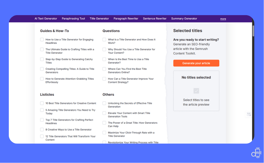A professional screenshot of the Semrush Free Title Generator interface on a blue background, displaying a "Guides & How-to" category with multiple heading suggestions. The visual shows a central search bar with a "Generate" button, followed by a list of long-tail h1 title opportunities that include specific user questions and subtopic angles. The clean, data-driven layout highlights how to use categorized results to plan a logical content hierarchy that satisfies both human intent and AI search engine parsing.