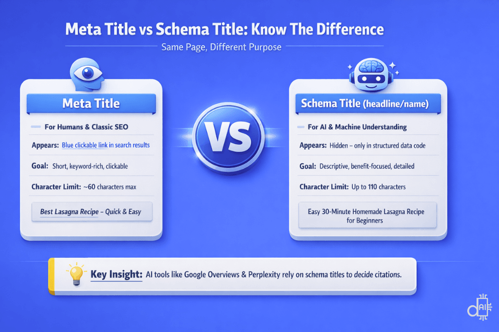 A comparison graphic titled Meta Title vs Schema Title Know The Difference set on a blue background. The left side outlines meta titles as short, clickable links for humans and classic SEO, while the right side defines schema titles as detailed, hidden data for AI and machine understanding. It features a key insight that tools like Google Overviews and Perplexity rely on these descriptive schema titles to decide which content to cite in AI-generated answers.
