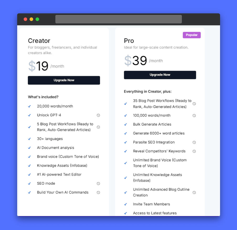 Junia AI pricing plans: Comparison of Creator ($19/month) and Pro ($39/month) plans. Highlights word limits, GPT-4 access, blog post workflows, language support, AI document analysis, brand voice, knowledge assets, text editor, SEO mode, custom AI commands, bulk article generation, parasite SEO integration, competitor keyword research, team features, and access to latest features. Screenshot shows plan comparison table.